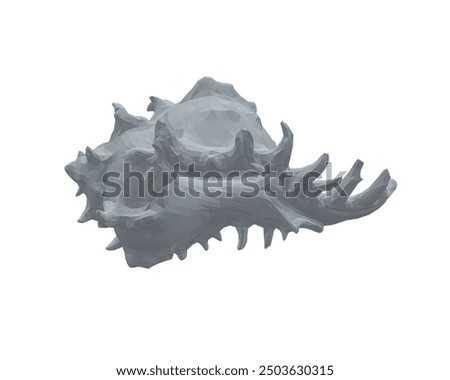 Polygonal model spiral conch sea shell, sketch style vector illustration isolated on white background. Contour drawing of saltwater conch, sea snail shell. 3D