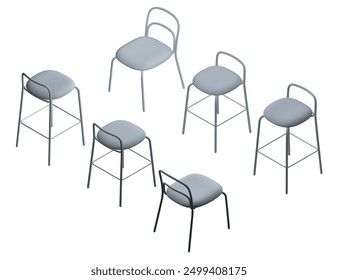 Polygonal model Vector illustration Bar stool icons set. Chair bench. Club furniture. Isometric view. 3D.