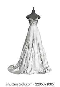 Polygonal model of a white wedding dress on a dark mannequin isolated on a white background. Front view. 3D. Vector illustration.