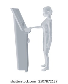 Polygonal model of Woman withdraws money from an ATM. Young woman uses terminal. Young Woman Standing At ATM Machine. Vector illustration in flat style. 3D