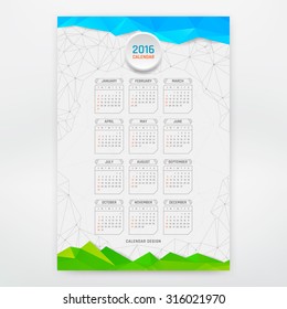 Polygonal modern Calendar 2016 year design. English, Week starts Sunday