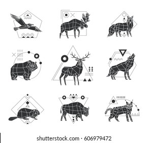 Polygonal monochrome emblems set with wild animals and birds and geometric pattern isolated on white background vector illustration