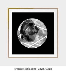 Polygonal Moon. Abstract poster. Wooden square thin frame. Scandinavian style. Hand drawn ink textures. Stock vector.
