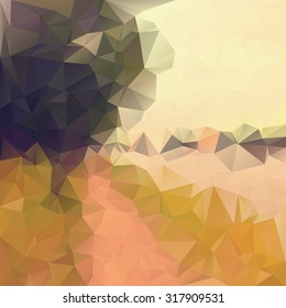 Polygonal mosaic abstract geometry background landscape in orange, green and yellow colors.