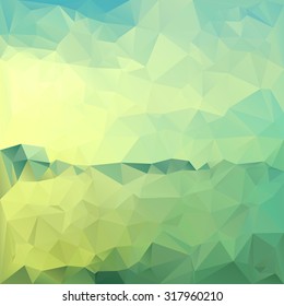 Polygonal mosaic abstract geometry background landscape in blue, yellow and green colors. Used for creative design templates