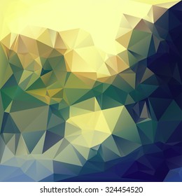 Polygonal mosaic abstract geometry background landscape in blue, yellow and green colors. Used for creative design templates