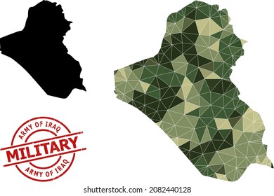 Polygonal mosaic map of Iraq, and rubber military stamp seal. Lowpoly map of Iraq constructed from random camo color triangles. Red round stamp for military and army concept illustrations,