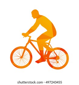 Polygonal mountain biker, abstract orange isolated vector cyclist silhouette