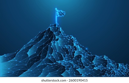 A polygonal mountain landscape with a luminous flag at its peak, symbolizing achievement and innovation. Glowing blue lines form a futuristic network of connected triangles.