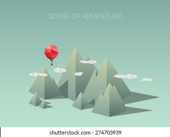 Polygonal mountain range with red balloon. Modern low poly design concept for traveling and adventure. Eps10 vector illustration.