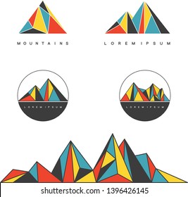 Cordilleras poligonales. Conjunto de elementos de diseño geométrico para el concepto de exterior y aventura. Etiquetas vectoriales.