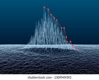 Polygonal mountain wireframe on a dark background. Red dots leading to the top of the mountain. Vector illustration.