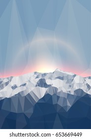Polygonal mountains backgrounds of sunrise or sunset. Design of flyers, cover, banners, placards and poster, brochures or cards. Annual report. Nature vector illustration. Textbook, booklet mockup.