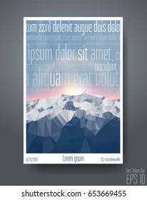 Polygonal mountains backgrounds of sunrise or sunset. Design of flyers, cover, banners, placards and poster, brochures or cards. Annual report. Nature vector illustration. Textbook, booklet mockup.