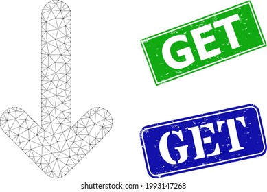 Polygonal move down model, and Get blue and green rectangle rubber badges. Polygonal carcass symbol created from move down pictogram. Stamps contain Get title inside rectangle shape.