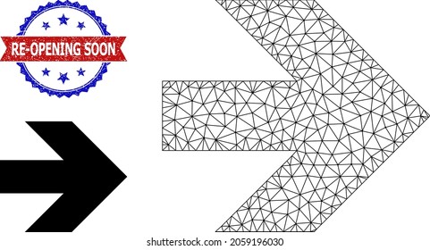 Polygonal move right wireframe icon, and bicolor scratched Re-Opening Soon seal stamp. Polygonal wireframe symbol is designed with move right pictogram.