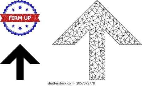 Icono de alambre y sello de encendido sucio bicolor. El símbolo de alambre poligonal se crea a partir del icono de ascenso. Impresión vectorial con título Firme arriba dentro de cinta roja y rosette azul,