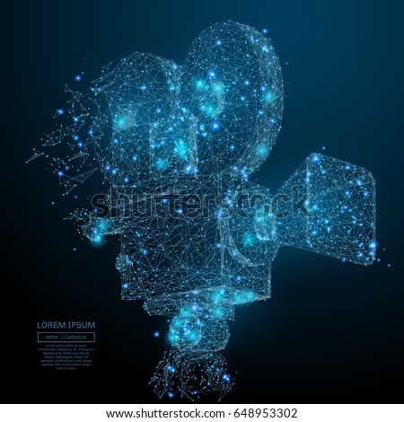 Polygonal Movie Camera. Video concept. Vector cinema mesh spheres from flying debris. Thin line concept. Blue structure style illustration