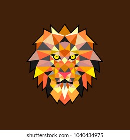 Polygonal muliticolored vector artwork of lion head on brwon background