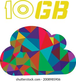 polygonal multicolored cloud and the inscription "10 gigabytes" on top 