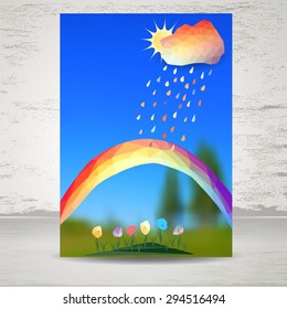 polygonal multicolored cloud, rain drops and rainbow over abstract blurred nature background. Web and mobile interface template, vector illustration 