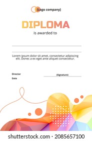 Polygonal multicolored diploma template with abstractions. Flat diploma of the winner of sports, scientific and educational competitions.