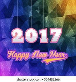 Polygonal Multicolored Postcard with Hanging 2017 Numbers Happy New Year Celebration Design. Merry Christmas Greeting Card Design, Vector Colorful Elements Low Poly Background or Flyer, Poster