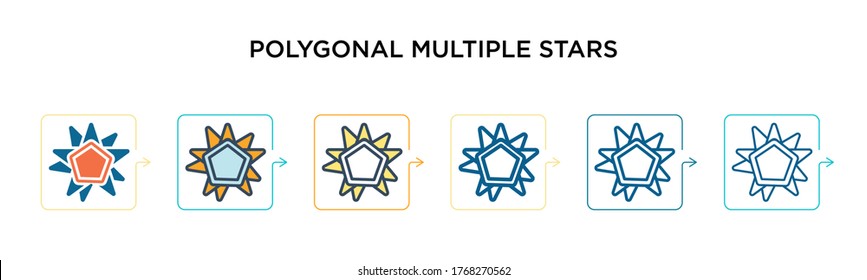 Polygonal multiple stars vector icon in 6 different modern styles. Black, two colored polygonal multiple stars icons designed in filled, outline, line and stroke style. Vector illustration can be