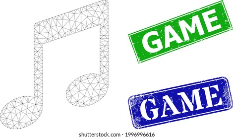 Polygonal musical notes image, and Game blue and green rectangular scratched stamp seals. Polygonal wireframe image is created from musical notes icon.