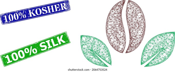 Polygonales natürliches Kaffeebild und 100% Koscher-blaues und grünes Rechteck-Gummistempel. Polygonal Carcass Illustration ist mit natürlichem Kaffeepiktogramm entworfen.