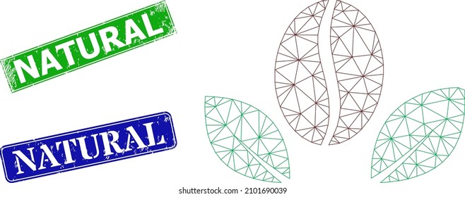 Polygonal natural coffee image, and Natural blue and green rectangle dirty watermarks. Polygonal wireframe image created from natural coffee pictogram.