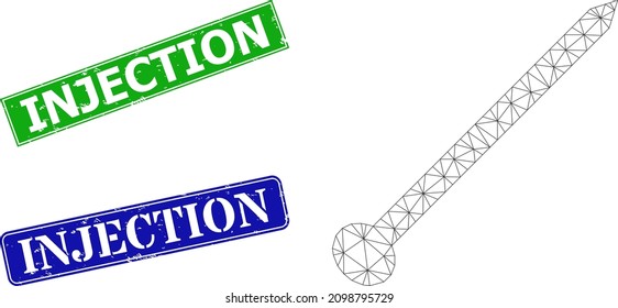 Polygonal needle image, and Injection blue and green rectangular dirty stamp seals. Polygonal carcass illustration is created from needle pictogram.
