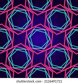 polygonal neon multicolored pattern. seamless pattern of neon hexagons in blue and pink with an empty space inside for text on blue for a design template. Vector color mesh