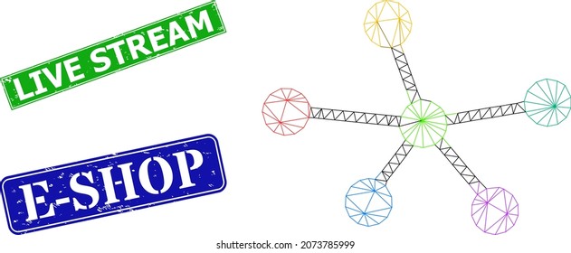 Polygonal net connections image, and Live Stream blue and green rectangle scratched seals. Polygonal carcass image designed with net connections pictogram.