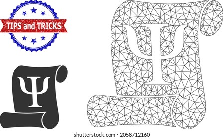 Polygonal Neuro-linguistic programming wireframe illustration, and bicolor rubber Tips and Tricks watermark. Mesh wireframe image is created from Neuro-linguistic programming pictogram.