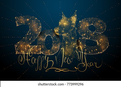 Polygonal New Year concept with head of dog. Business concept. Vector mesh spheres from flying debris. Thin line concept. Blue structure style illustration
