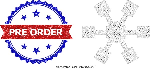 Polygonal node links wireframe icon, and bicolor scratched Pre Order seal. Mesh wireframe image designed with node links icon. Vector imprint with Pre Order tag inside red ribbon and blue rosette,