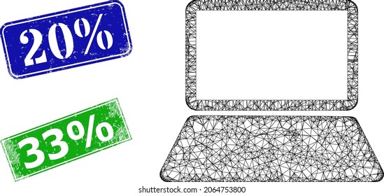 Polygonales Notebook-Computerbild und 20 Prozent blaues und grünes Rechteck kratzten Siegel. Polygonale Karkassillustration auf Basis des Notebook-Rechnersymbol. Stempeldichtungen enthalten 20 % Anhänger innen