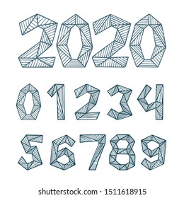 Polygonal numbers. Hand drawn low poly numbers. Sketch drawing numbers. Part of set.