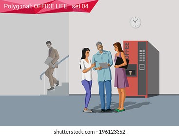Polygonal office life creative vector illustration. Coffee break.  Polygon people collection.