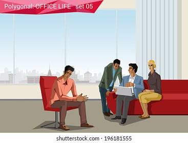 Polygonal office life creative vector illustration. Business meeting. Brainstorming.  Polygon people collection.