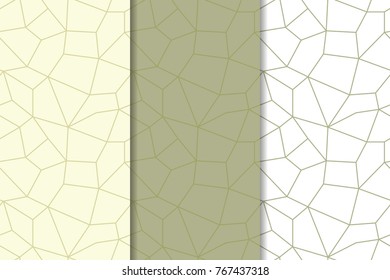 Polygonal olive green seamless patterns. Set of geometric backgrounds for textile and wallpapers