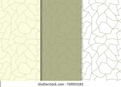 Polygonal olive green seamless patterns. Set of geometric backgrounds for textile and wallpapers