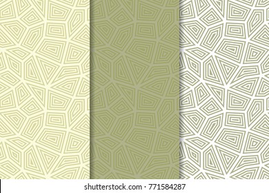 Polygonal olive green seamless patterns. Set of geometric backgrounds for textile and wallpapers