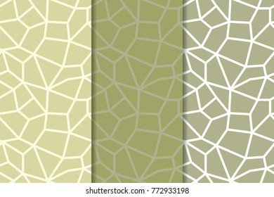 Polygonal olive green seamless patterns. Set of geometric backgrounds for textile and wallpapers