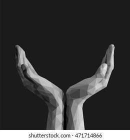 polygonal open palms cupped hands up empty on black background monochrome