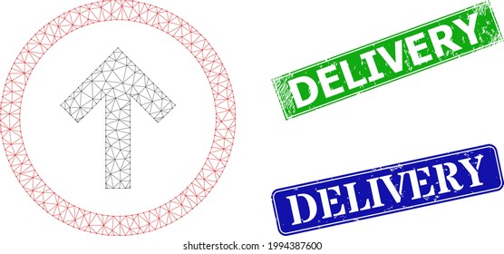 Polygonal up orientation model, and Delivery blue and green rectangle unclean stamp seals. Mesh carcass image is created from up orientation icon.