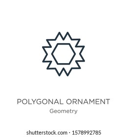 Polygonal ornament of hexagons and triangles icon. Thin linear polygonal ornament of hexagons and triangles outline icon isolated on white background from geometry collection. Line vector sign, symbol