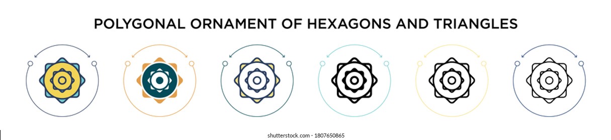 Polygonal ornament of hexagons and triangles icon in filled, thin line, outline and stroke style. Vector illustration of two colored and black polygonal ornament of hexagons and triangles vector
