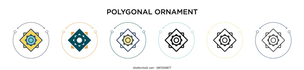 Icono de ornamento poligonal en estilo relleno, delgado, contorno y trazo. Ilustración vectorial de dos iconos vectores de color y negro polígono pueden utilizarse para móviles, ui, web